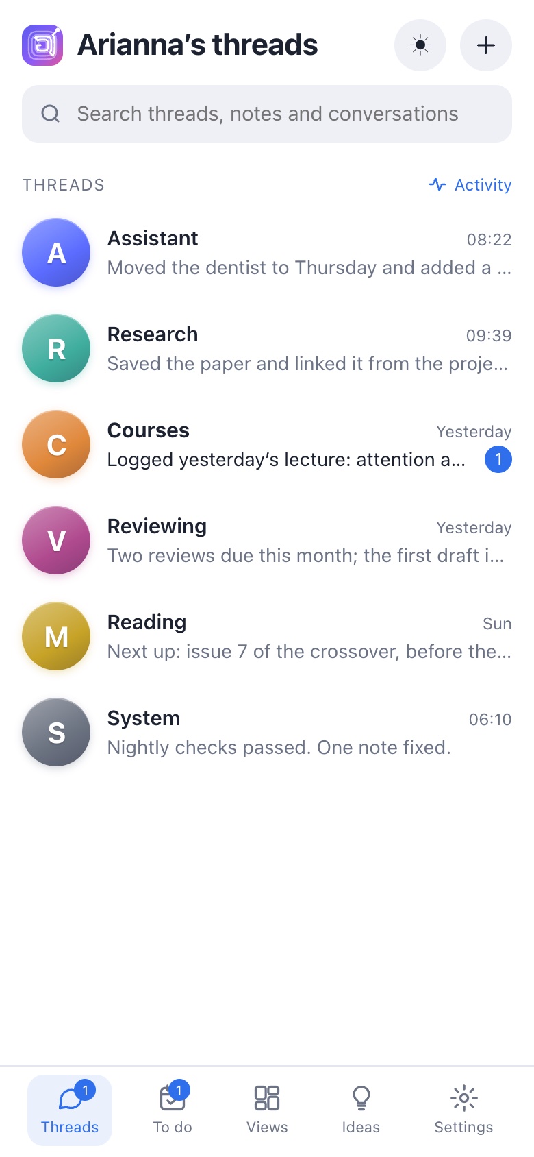 The thread list on a phone.