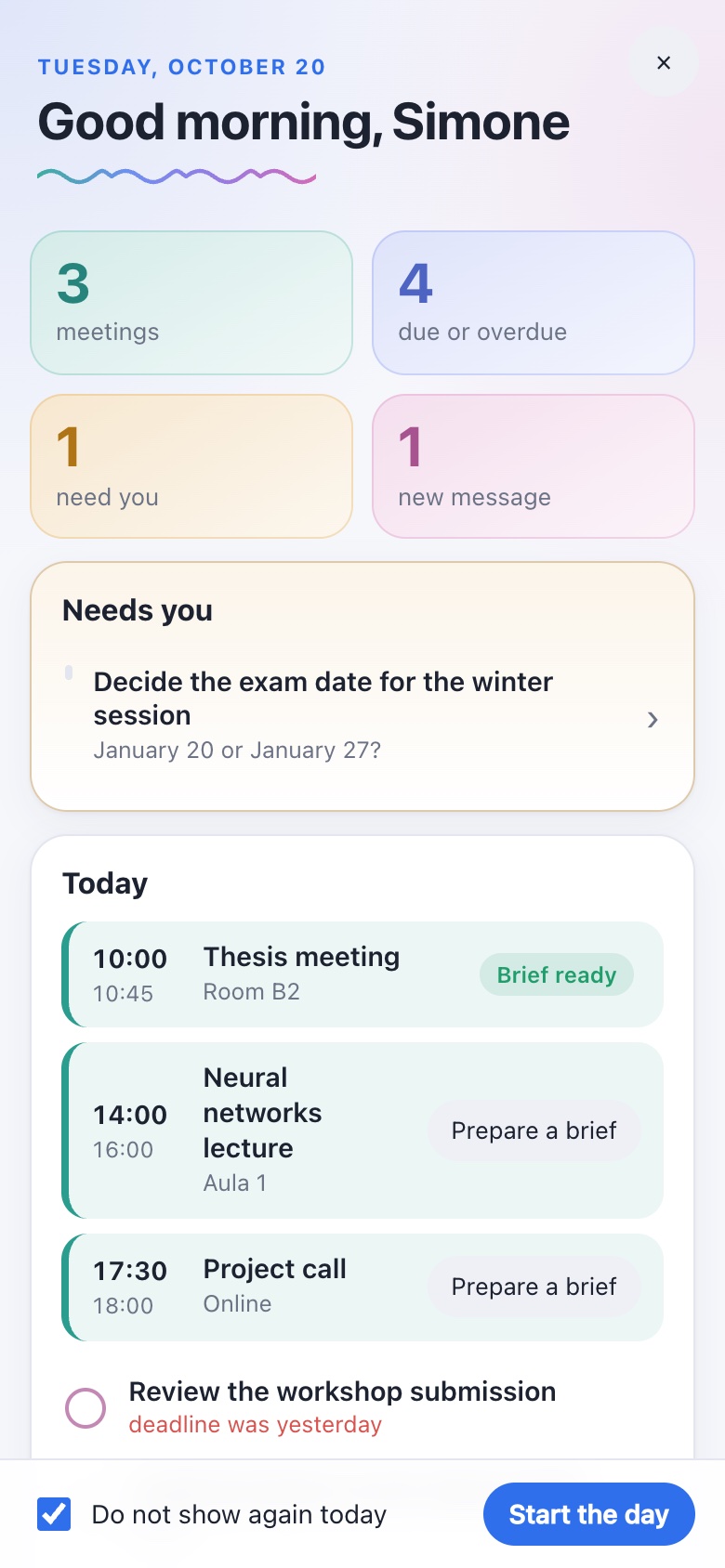 The morning summary on a phone: meetings, due tasks and one question that needs an answer.