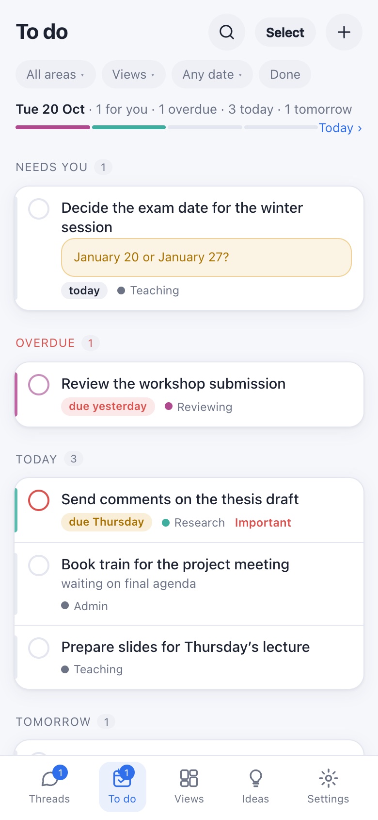 The to-do list on a phone, grouped into Needs you, Overdue, Today and Tomorrow.